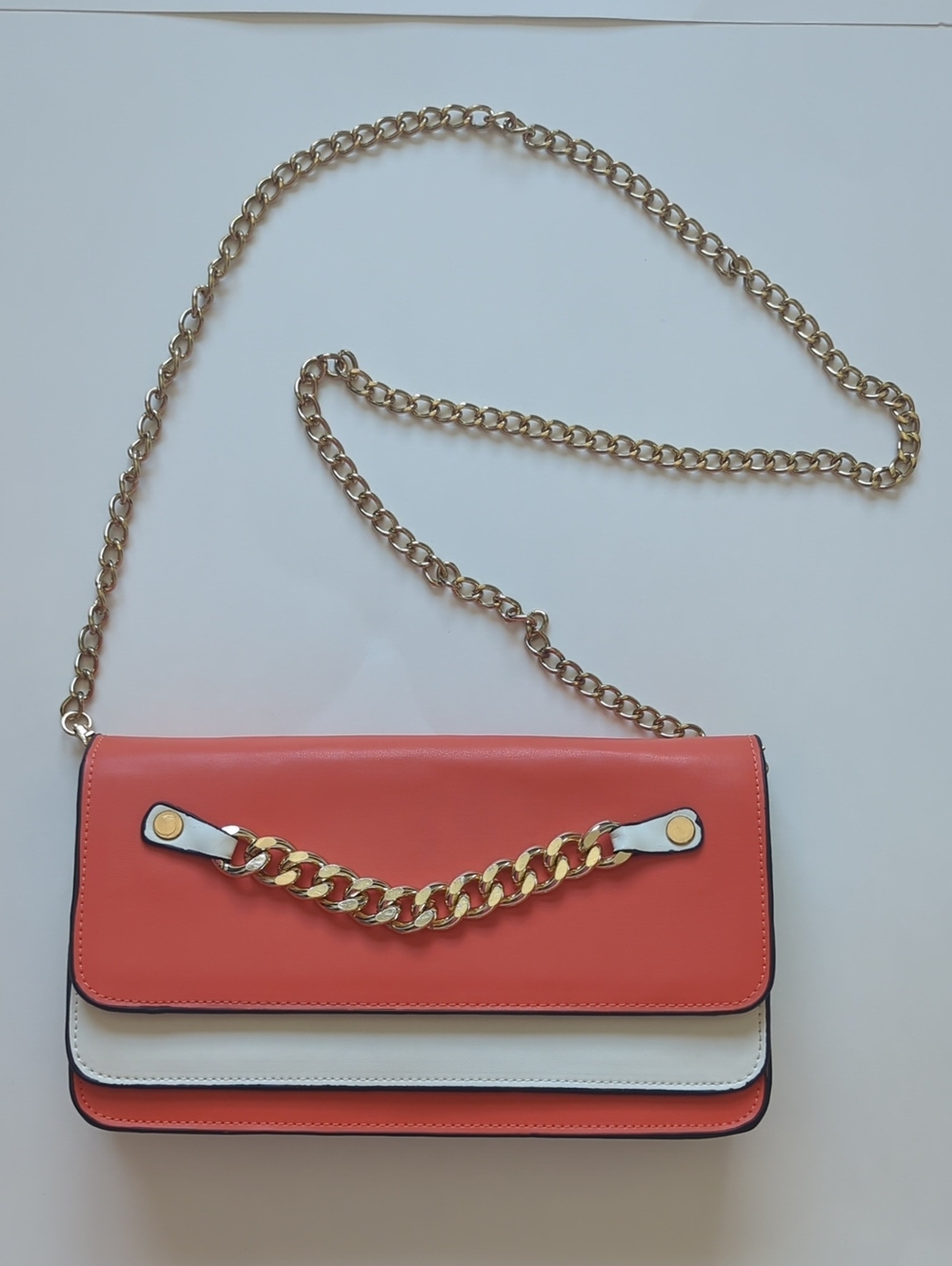 Coral and Cream Chain-Trim Shoulder Bag